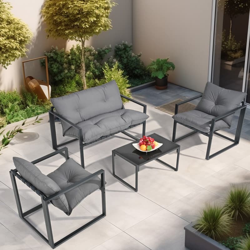 4-Piece Metal Outdoor Patio Conversation Sets with Cushions - Grey