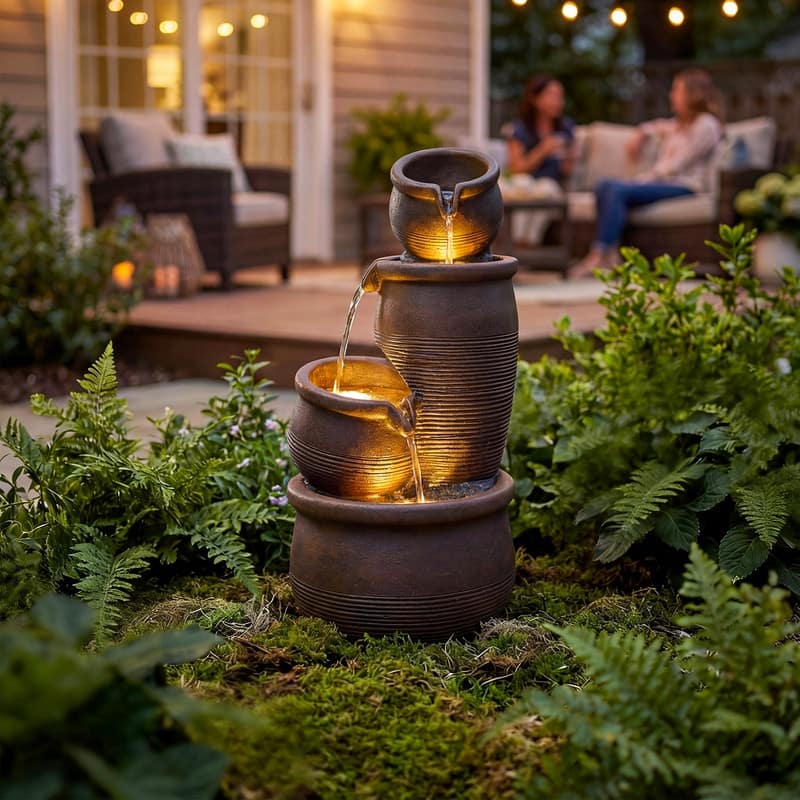 Polyresin Outdoor Hand Crafted Weather Resistant Fountain with LED Lights