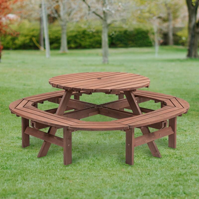 Large Round Wooden Outdoor Dining Table With Built-In Circular Bench – Seats 10-12 People, 500lb Capacity, Walnut Brown Finish.