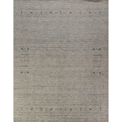 Ivory & Blue Tribal Gabbeh Oriental Area Rug Handmade Wool Carpet - 8'1"x 9'10"