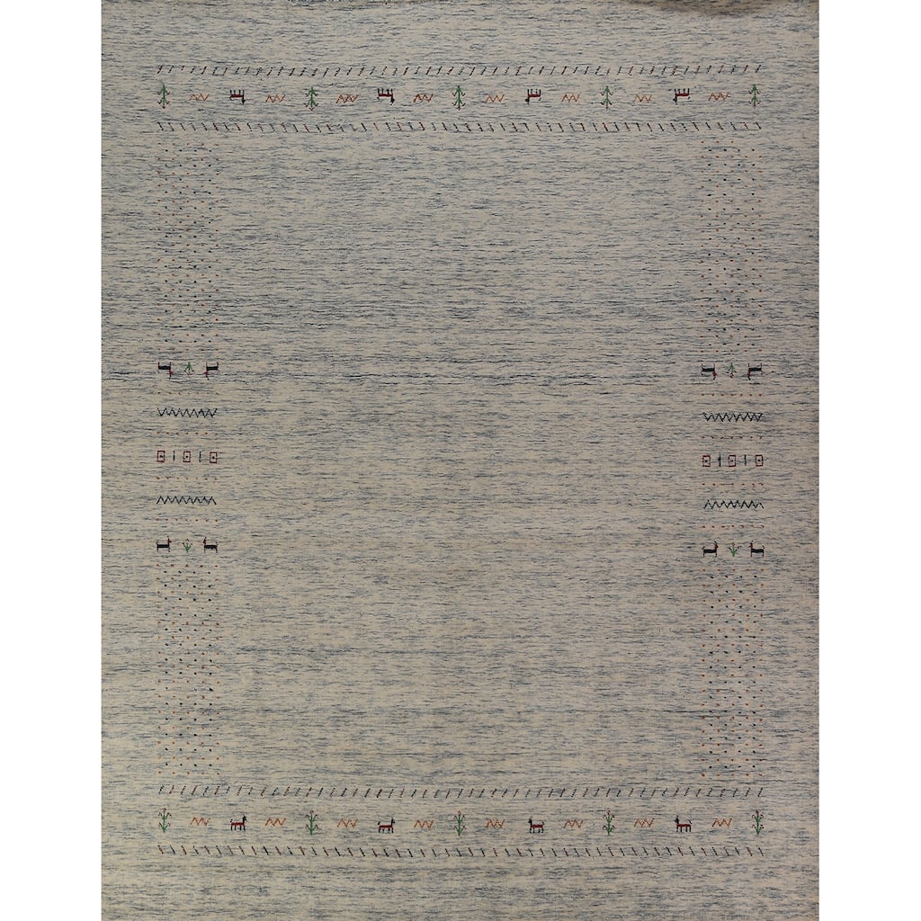 Ivory & Blue Tribal Gabbeh Oriental Area Rug Handmade Wool Carpet - 8'1"x 9'10"