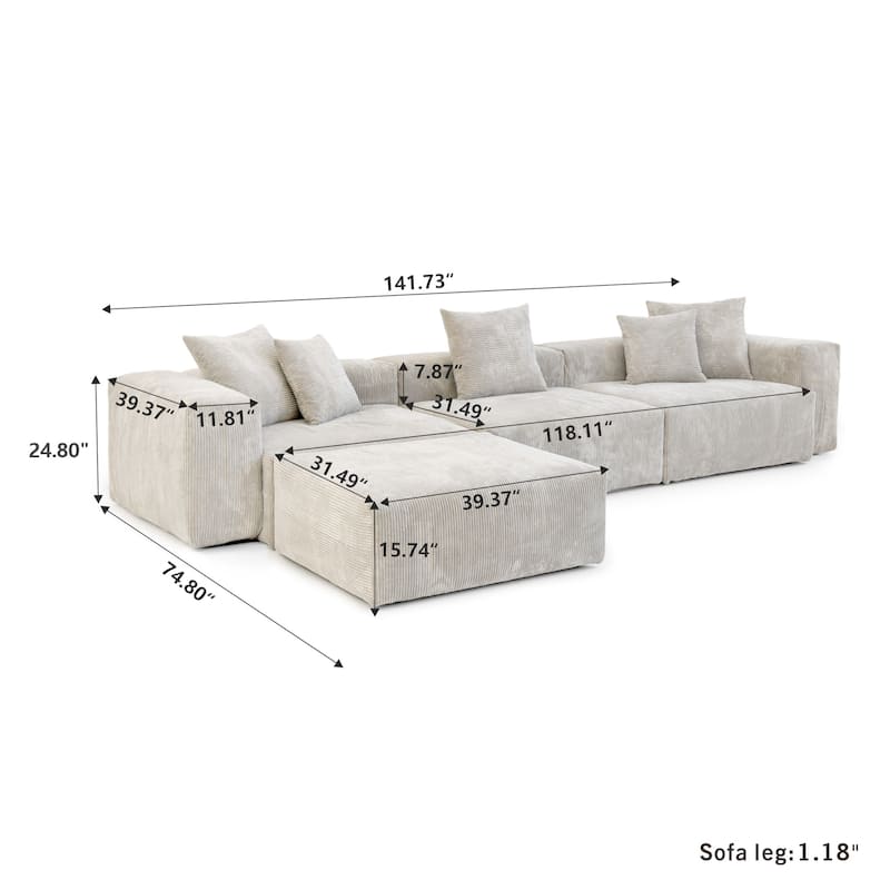 141.73'' L-shaped Corduroy Sectional Sofa Oversized Cloud Couch with Ottoman