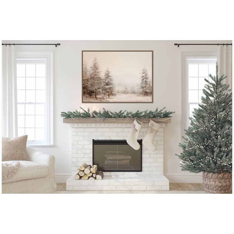 Kate and Laurel Sylvie Beaded Warm Neutral Winter Forest Landscape Framed Canvas by The Creative Bunch Studio