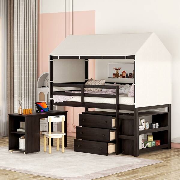 slide 2 of 9, Twin Size Loft Bed with Rolling Cabinet, Shelf, Tent, Space-Saving Design Espresso