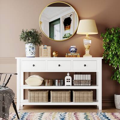 Retro Design Console Table with Two Open Shelves, Pine Solid Wood Frame and Legs for Living Room