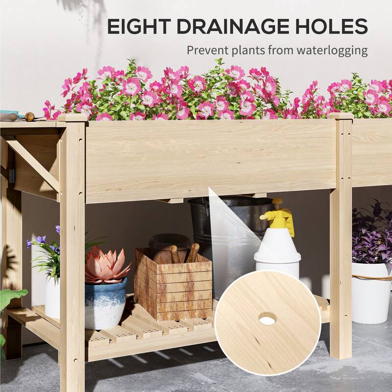 Fir Wood Raised Garden Bed with Bottom Shelf and Moisture-Retaining Liners Foldable Side Table - 81.5" W x 23.2" D x 30.7" H