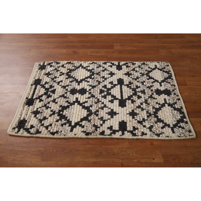 Geometric Moroccan Indian Rug Hand-Knotted Foyer Wool Carpet - 2'0"x 3'0"