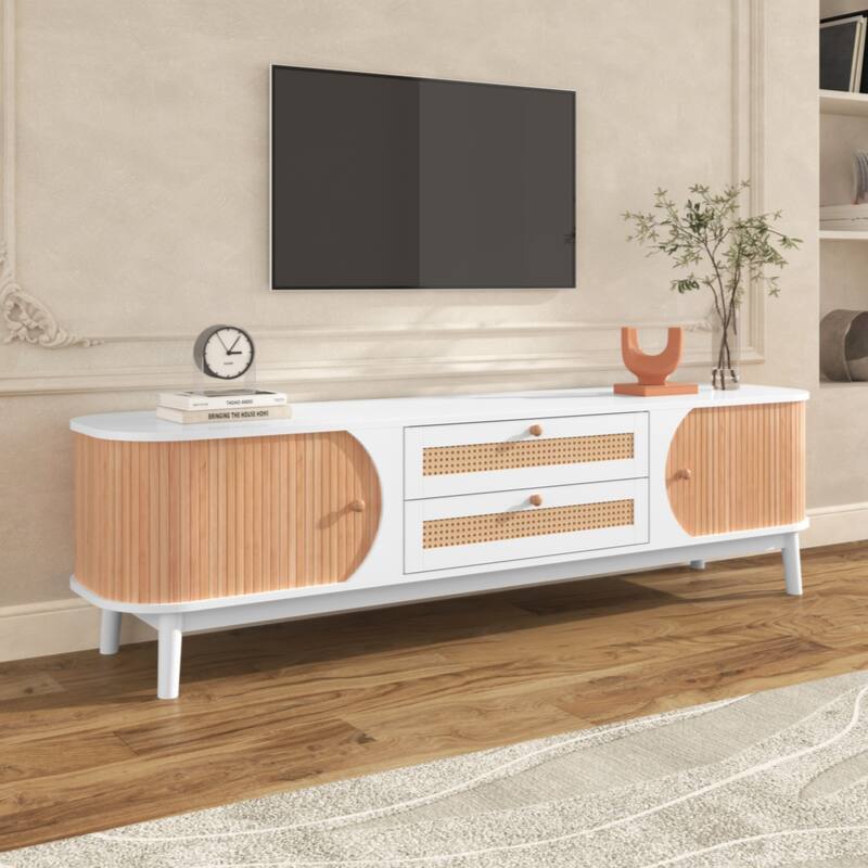 Rattan TV Stand for TVs up to 75'', Modern Farmhouse Media Console, Entertainment Center with Solid Wood Legs - Natural+White