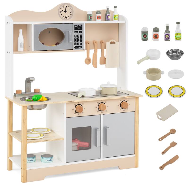 Gymax Wooden Play Kitchen for Kids Cooking Toy Playset w/ Microwave