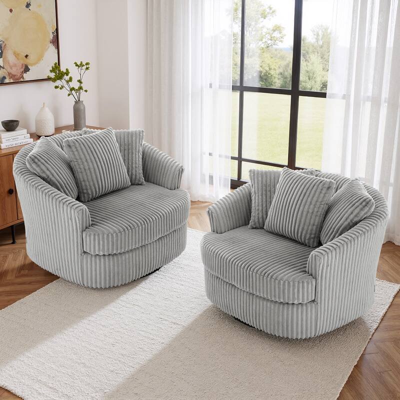 2 Set Oversized 43" W Plush Corduroy Swivel Barrel Chair with Pillows