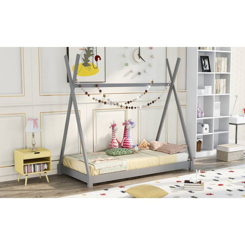 Gray Twin Size House Platform Bed with Sturdy Triangle Structure for Kids
