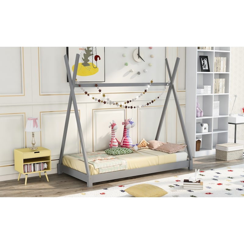 Gray Twin Size Wood House Platform Bed with Triangle Tructure for Boys and Girls