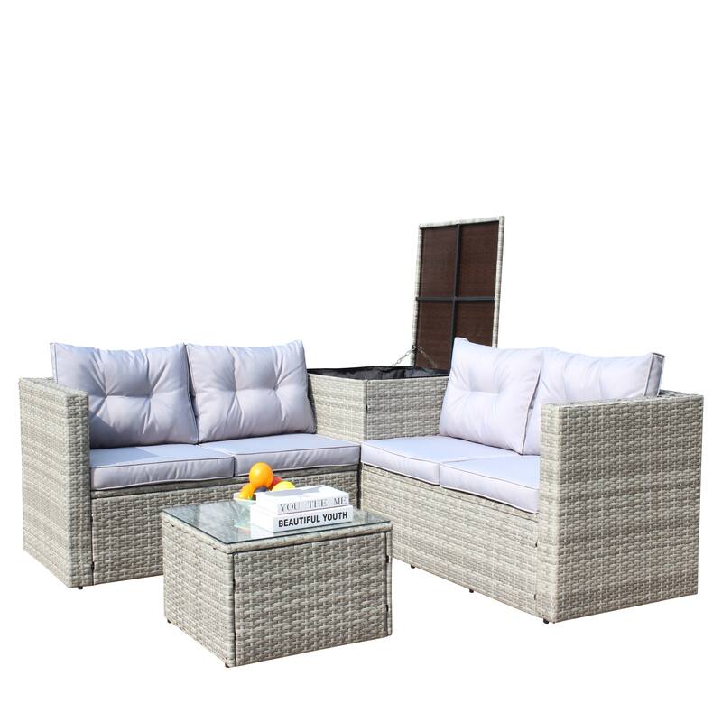 4 Pcs Patio Furniture Set, All Weather Outdoor Conversation Set, Wicker Rattan Sectional Sofa Set with Storage Box and Table