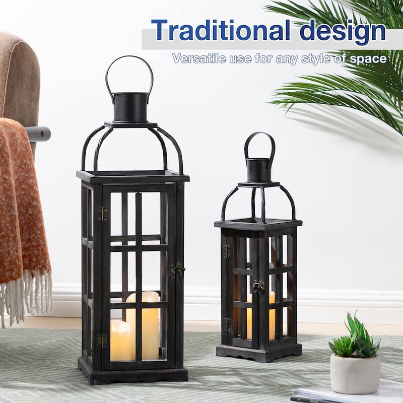 Glitzhome Farmhouse Wooden Metal Cage Candle Holders Patio Hanging Vintage Lanterns (Set of 2)