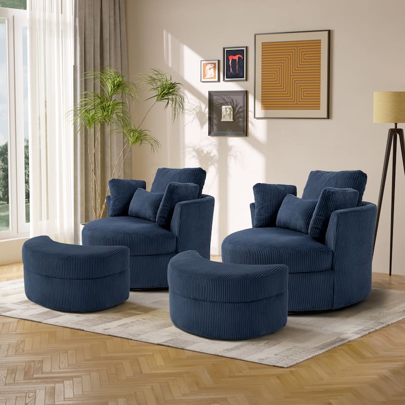 Upholstered Swivel Accent Barrel Chair And Storage Ottoman Sets - Corduroy - Navy Blue/Corduroy