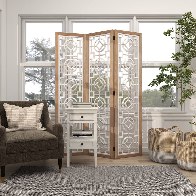 Wood Geometric Hinged Foldable Partition 3 Panel Room Divider Screen with Intricately Carved Designs - White - Roche River Decor