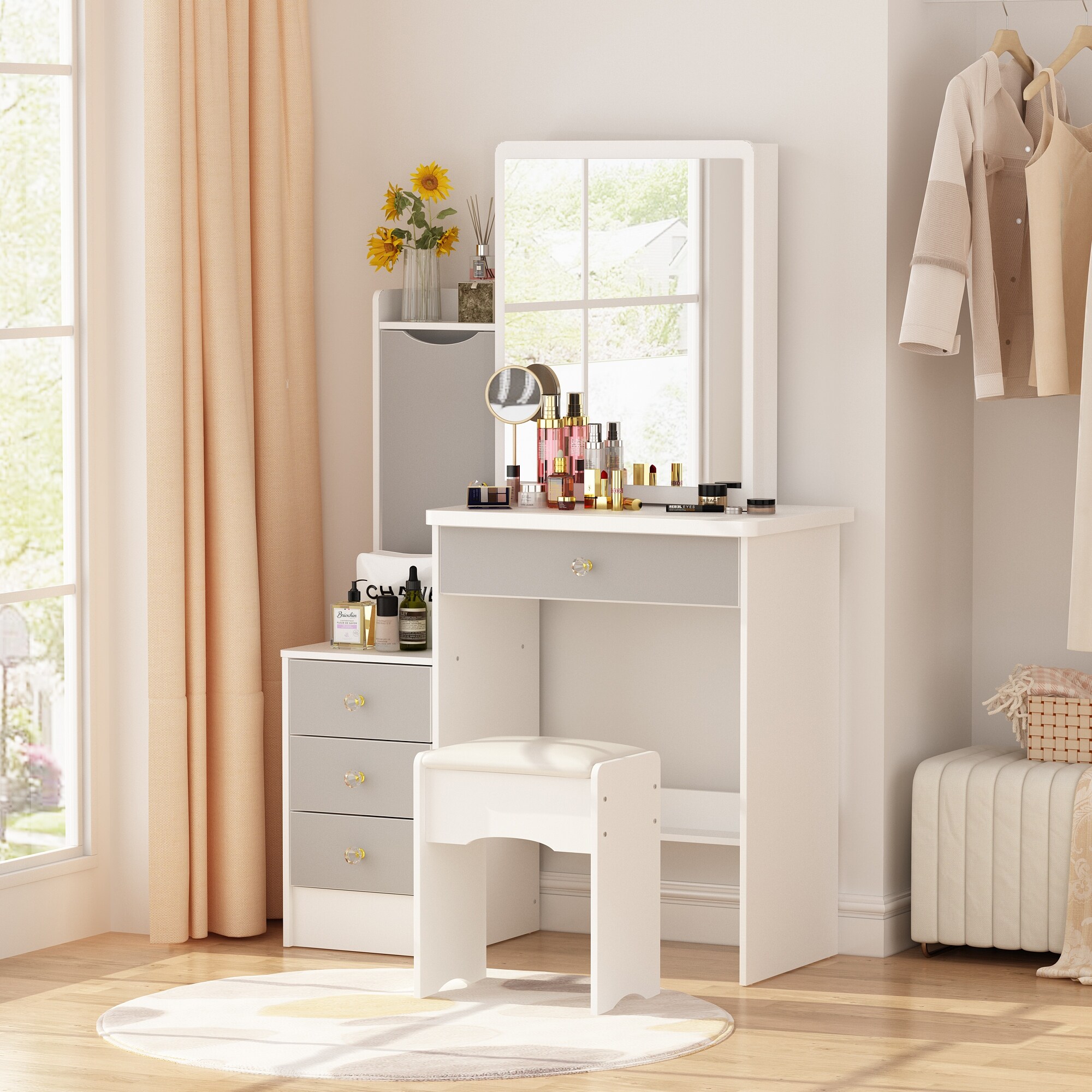 Kerrogee Grey Vanity Set w Sliding Mirror and Cushioned Stool 33 L x 15.7 W x 52.4 H Bed Bath Beyond 34605547