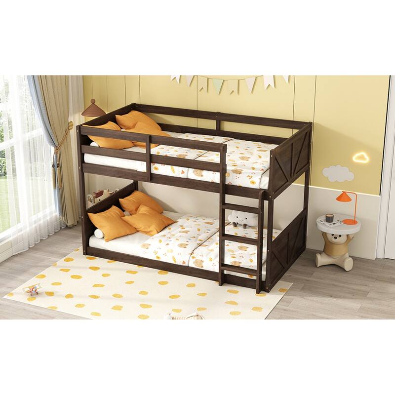 Roomfitters Twin over Twin Floor Bunk Bed with Panel Headboard and Footboard, Solid Rubber Wood Frame, Ladder
