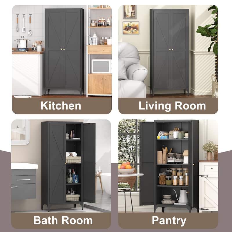2 Doors Metal Storage Cabinet Kitchen Pantry Cabinet With Adjustable Shelves Tall Steel Cabinet Locker