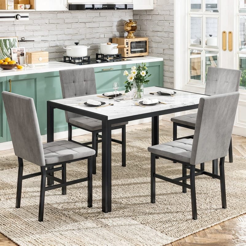 Grondin Faux Marble Kitchen Table And Chairs Set for 4, Modern Dining Room Table With 4 Armless Upholstered Dining Chairs