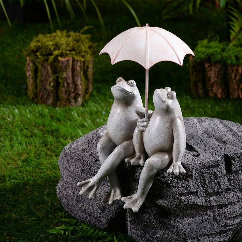 Sitting Couple Frogs with Umbrella Outdoor Garden Statue - 9"
