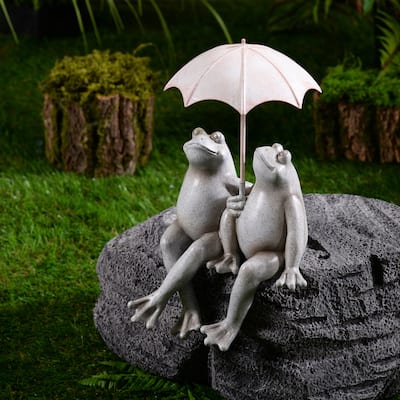 Sitting Couple Frogs with Umbrella Outdoor Garden Statue - 9"