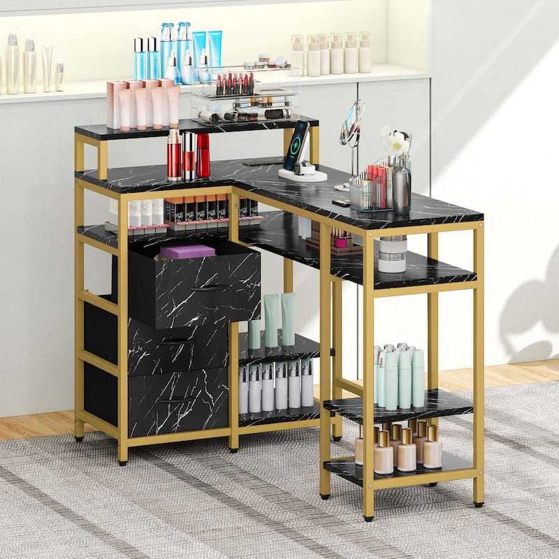Moasis L Shape Nail Desk with Built-in Charging Station and Marbling Texture Manicure Station