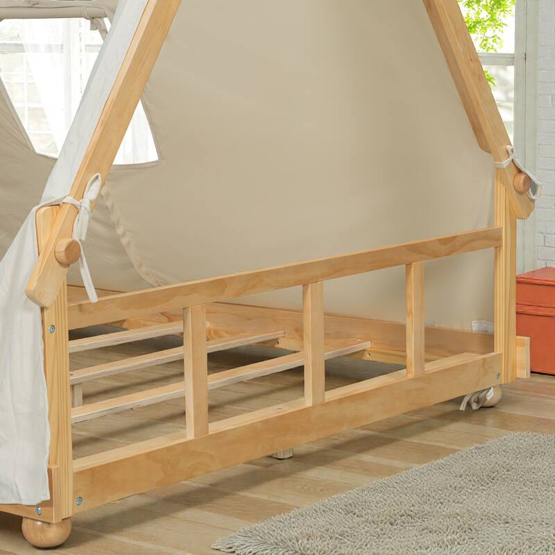 Twin/Full House Bed with Detachable Tent and Skylight, Kids Cabin Bed with Canopy, Light, and Forest-Themed Accents