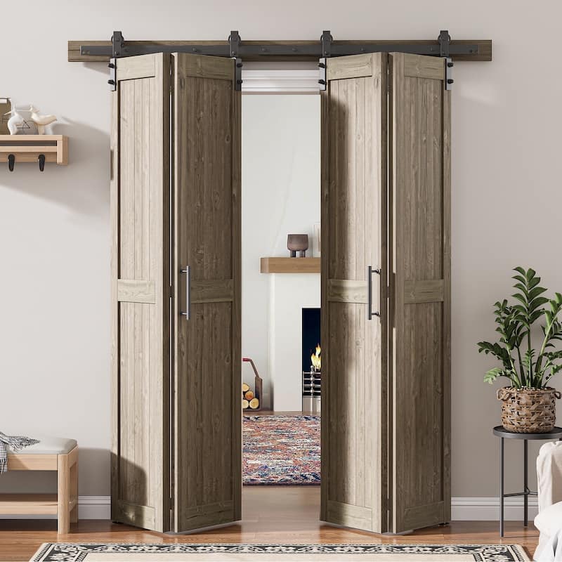 Assembled 30in./32in./36in./40in./44in./48in. x 84 in. Solid Core Pine Wood Bi-Fold Door With Hardware Kit