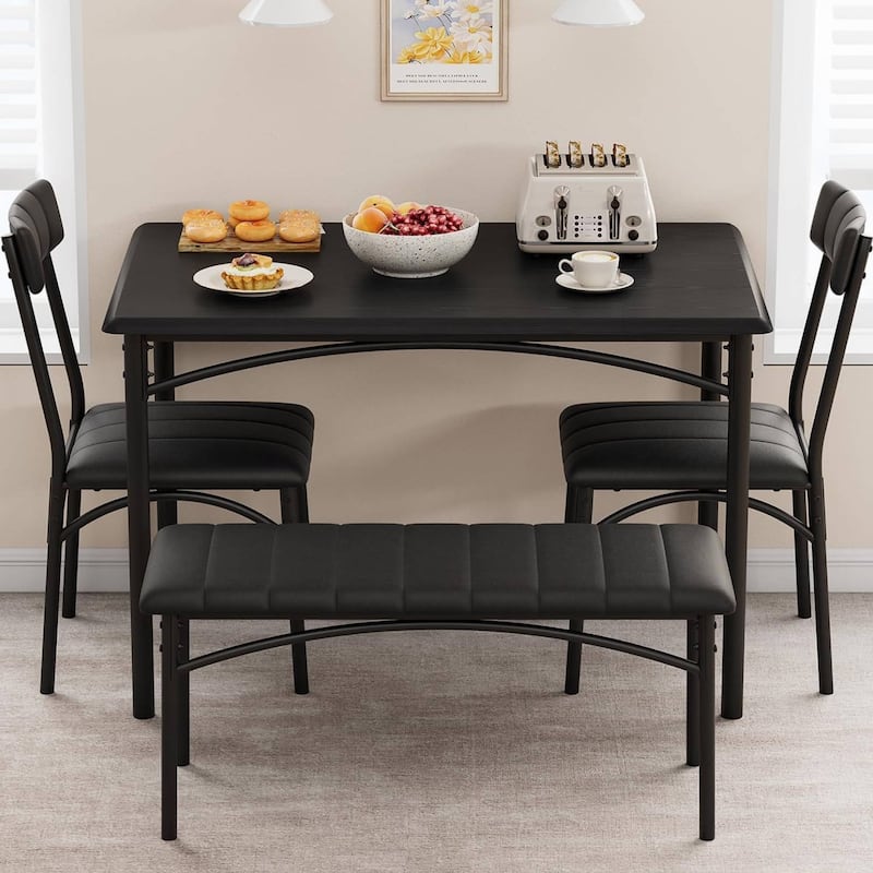 Industrial Dining Table Set with Upholstered Chairs and Bench