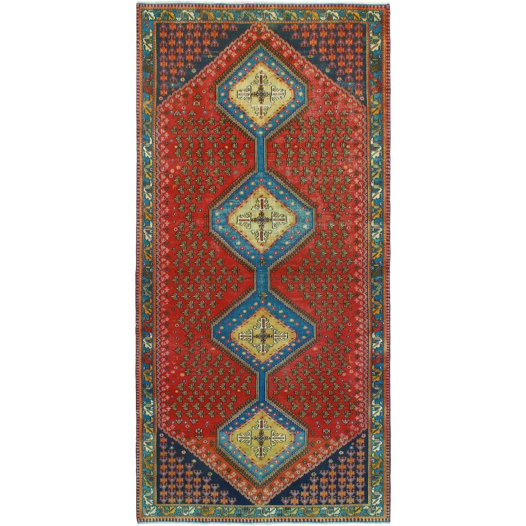 Vintage Distressed Saif Red/Blue-Grey Runner - 4'11" x 10'1"
