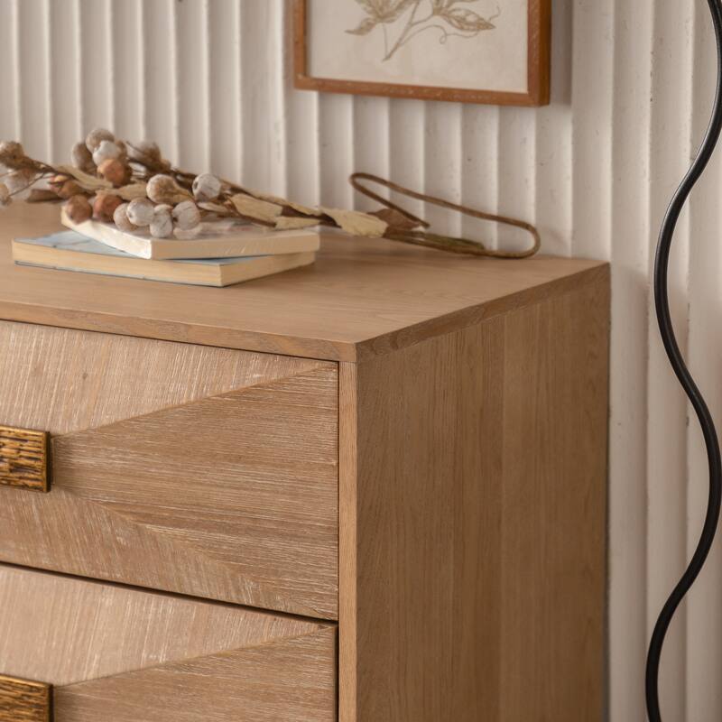 Modern Sideboard Console Table 6-Drawer Dresser for Bedroom, Natural Wood Chest of Drawers with Metal Legs