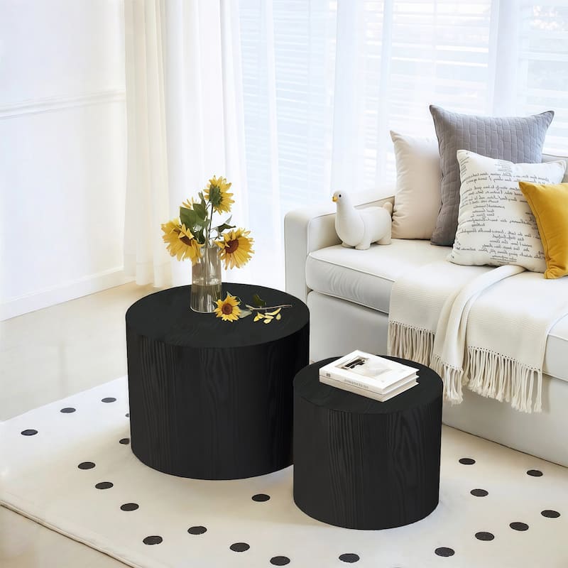 Nesting Coffee Table Set of 2, Modern Round Wooden Side Tables with Non-Slip Feet, Space-Saving Living Room Accent Tables