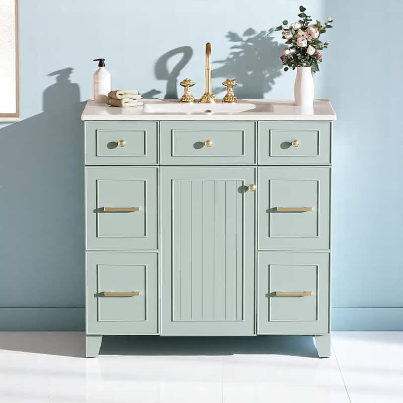 Modern 36" Bathroom Vanity with Ceramic Sink, Soft-Close Doors, 4 Drawers & Adjustable Storage Shelf in Green - Green