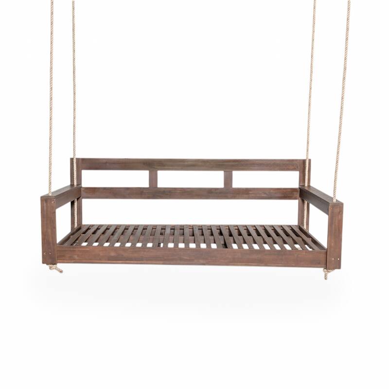 Twin Size Wooden Porch Swing Daybed - Outdoor Hanging Rope Swing with 600lb Weight Capacity for Patio, Garden, Backyard