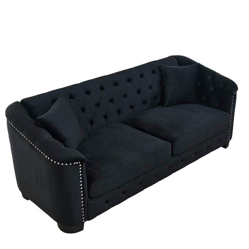 Chesterfield Velvet 3 Seater Sofa, Upholstered Sofa with Tufted Backrests, Lounge Sofa with Nailhead Arms & 2 Cushions