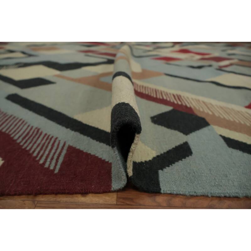 Hand Woven Oriental 100% Wool Carpet Southwestern Modern Navy Blue & Blues Kilim Area Rug - 10' 2'' X 8' 3''