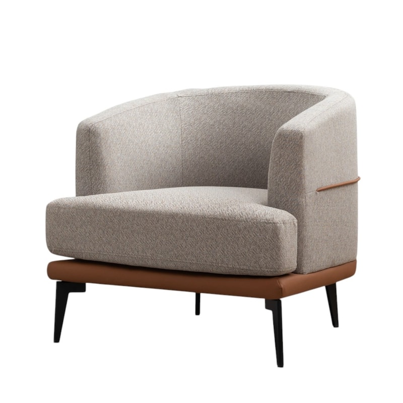 HomeRoots 29" Beige Terra Cotta and Black Linen Upholstered Wood Barrel Chair - 28.90 in. x 28.30 in. x 27.60 in.