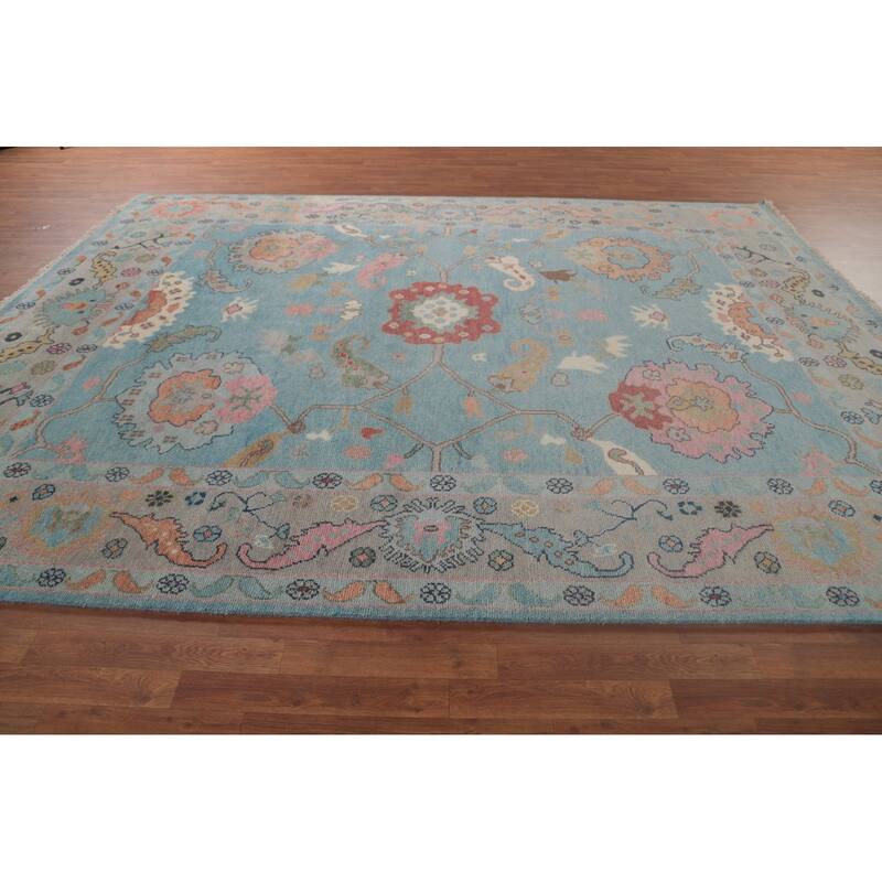 Light Blue Floral Oushak Oriental Area Rug Hand-Knotted Wool Carpet - 8'11" x 11'8"