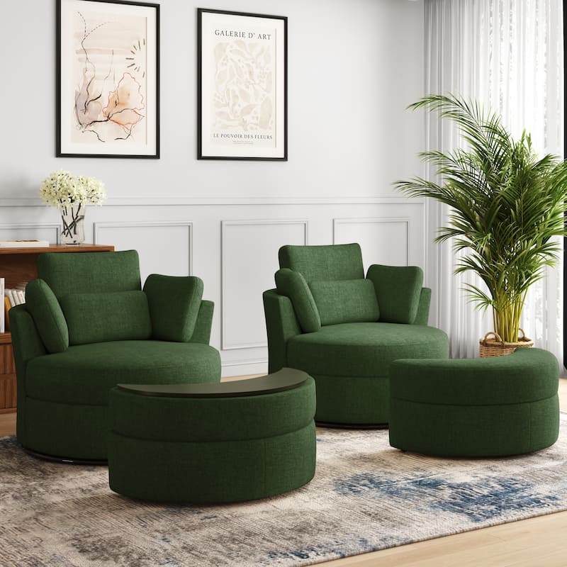 Upholstered Barrel Swivel Chairs with Moon Ottoman (Set of 2) - Chenille - Green