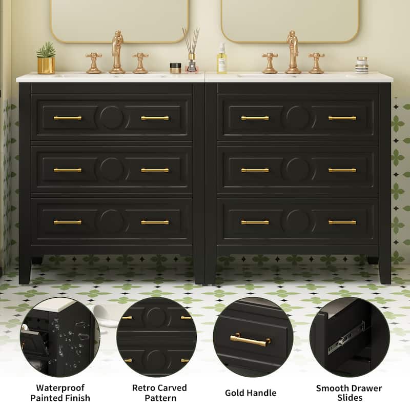 60 Inch Bathroom Vanity with Sink, Solid Wood Cabinet with Ceramic Basin, 3-Drawer Retro Style Storage