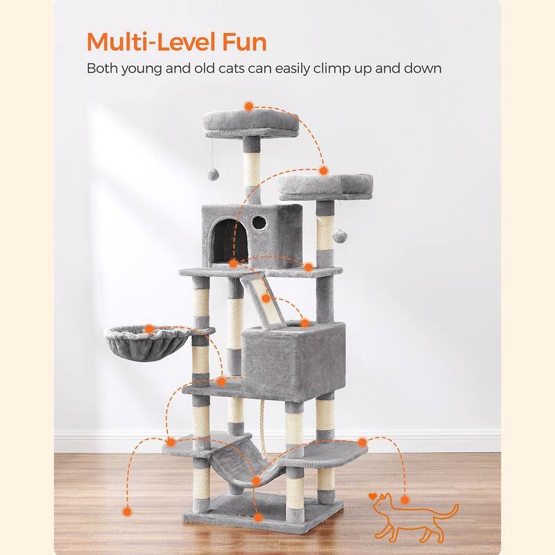 Cat Tree, 66.1-Inch Large Cat Tower with 13 Scratching Posts, 2 Perches, 2 Caves, Basket, Hammock, Pompoms