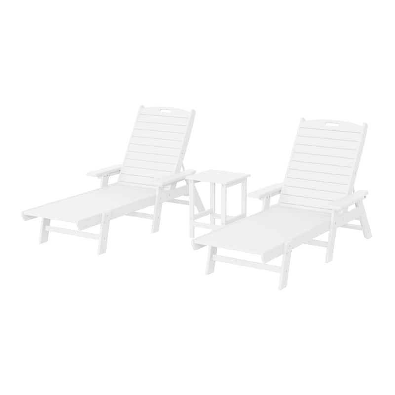 Laguna Hdpe All Weather Outdoor Patio Pool Reclining Chaise Lounges With Square Side Table (3-Piece Set) - White