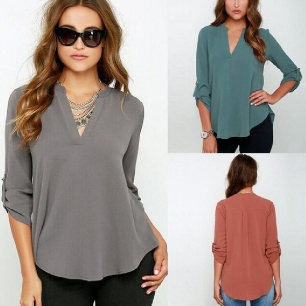 V-Neck Long-Sleeved Chiffon Shirt
