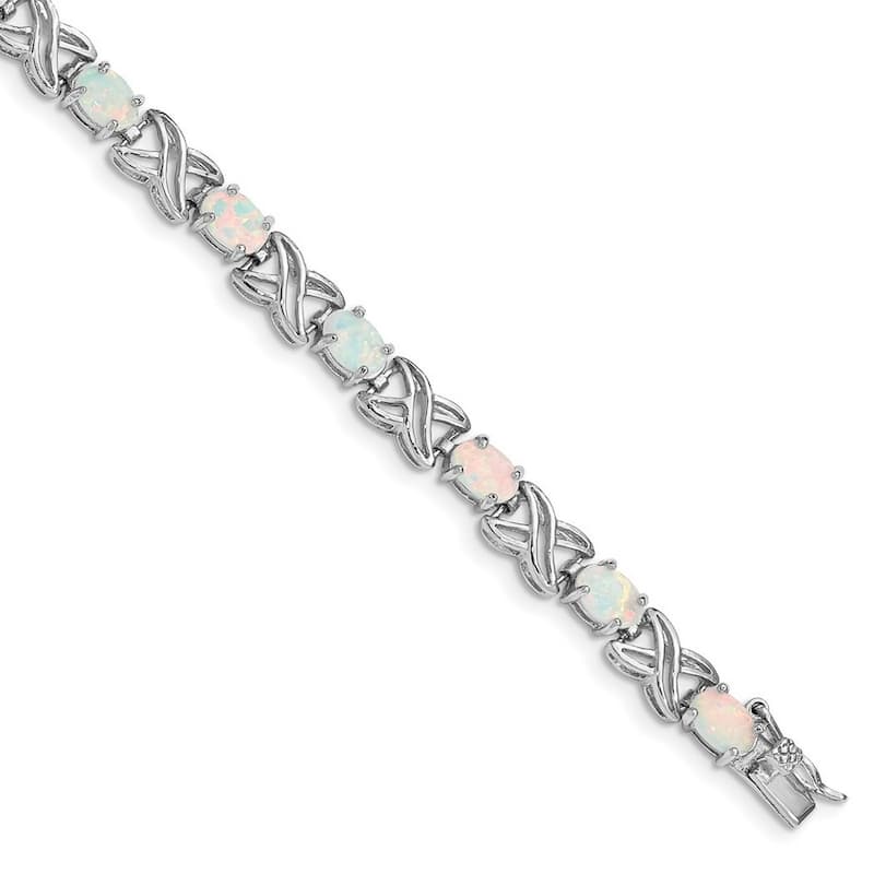 Curata 925 Sterling Silver Polished Safety bar Box Catch Closure White Simulated Opal XO Bracelet 7 Inch Box Clasp