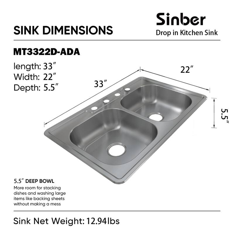 Sinber Drop in Double Bowl 304 Stainless Steel Kitchen Sink