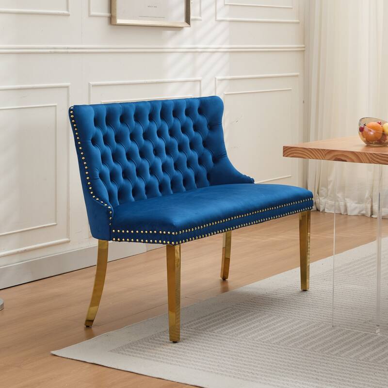 Velvet Double Dining Loveseat Bench, Kitchen & Dining Seating, 2-Seat Tufted Bench w/Handmade Buttons, Wing Back