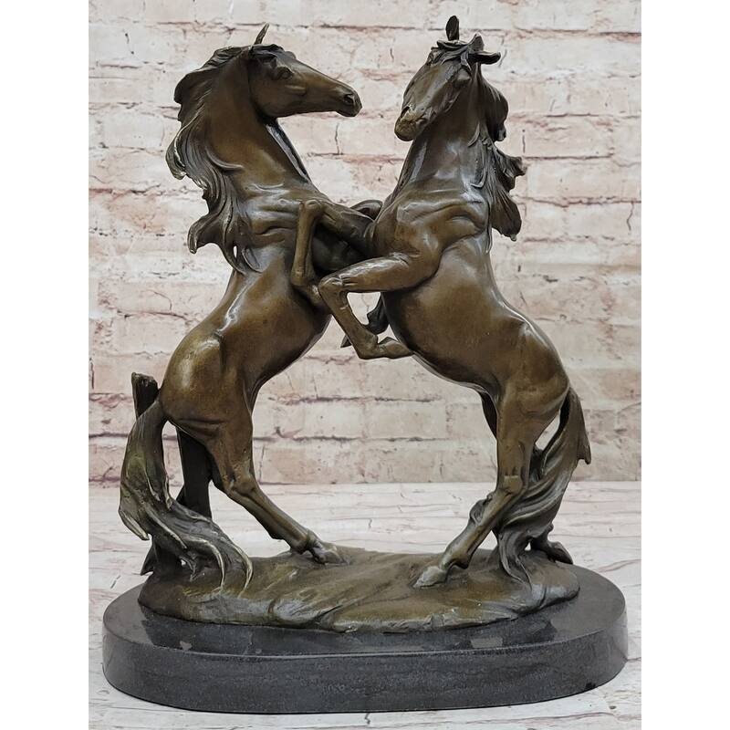 Dueling Stallion Imitative Horses Hot Cast Bronze Sculpture Statue Decor Original Art On Marble Base