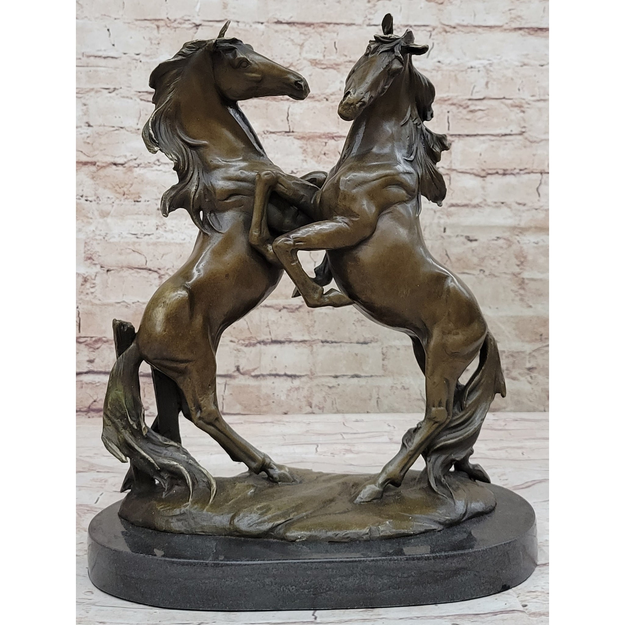 Dueling Stallion Horses Hot Cast Bronze Sculpture Statue Decor Original Art On Marble Base