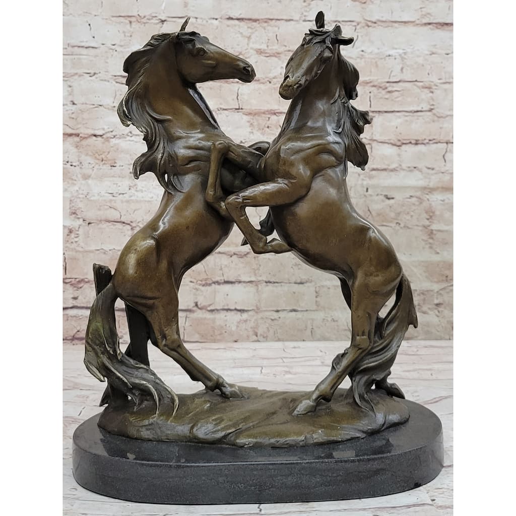 Dueling Stallion Imitative Horses Hot Cast Bronze Sculpture Statue Decor Original Art On Marble Base